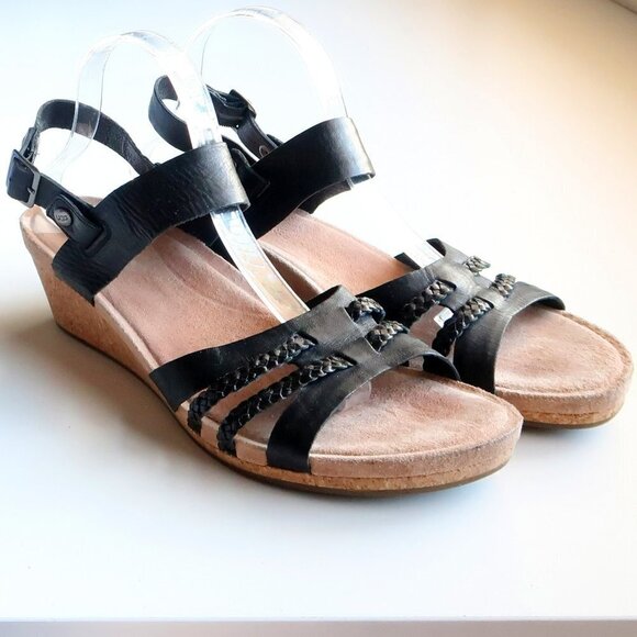 UGG Black Leather Cork Wedge Heel Open Toe Strappy Sandals Summer Shoes Size 12 - Picture 3 of 16